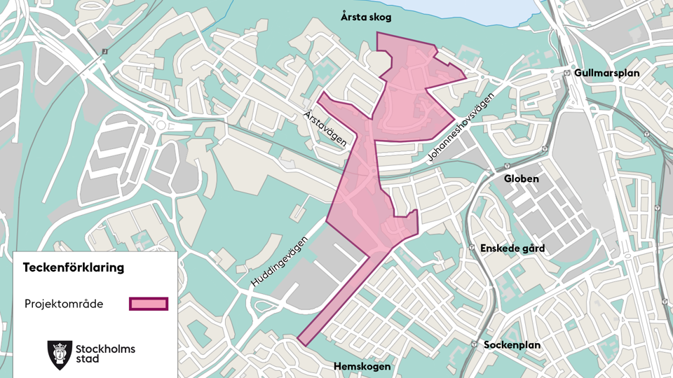 Karta med projektområdet markerat i rosa.